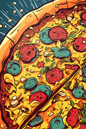 Pizza slice with tomato, cheese and olives. Vector illustrationの素材