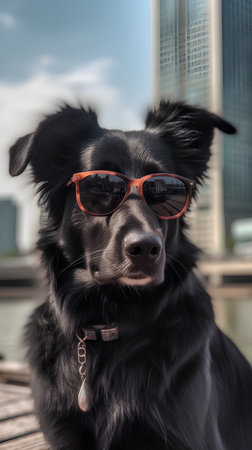 Portrait of a black dog with sunglasses on the background of the cityの素材