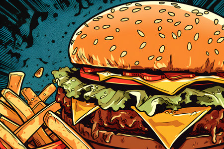 Hamburger and fries. Vector illustration in retro comic style.の素材
