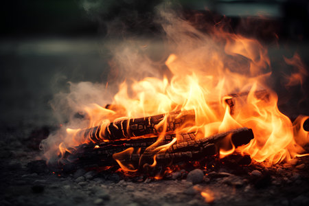 Burning firewood on the street at night. Selective focusの素材