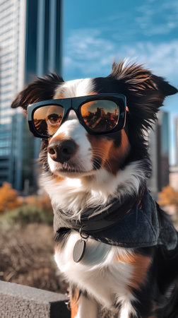 Portrait of a beautiful Australian Shepherd dog wearing sunglasses on a city backgroundの素材
