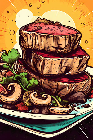 Vector hand drawn illustration of beefsteak with mushrooms and vegetables.の素材