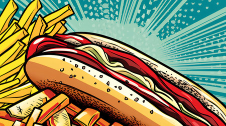 Hot dog with french fries. Vector illustration in pop art style.の素材