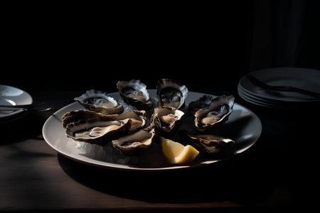 Oysters in a plate on a wooden table. Black background.の素材