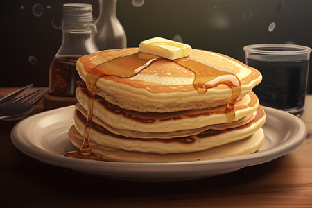 Pancakes with butter and honey on a plate. 3d renderの素材