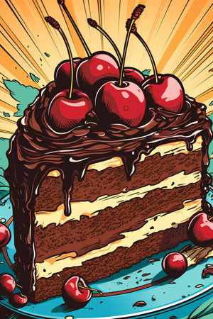 Vector illustration of chocolate cake with cherries on a blue plate.の素材