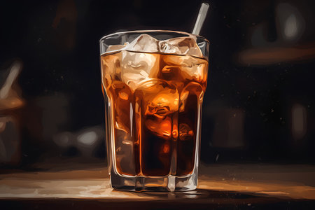 Glass of cola with ice cubes and straw on dark background.の素材