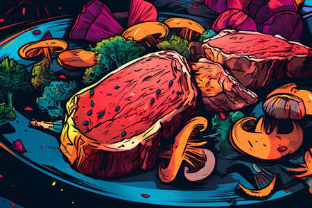 Vector illustration of grilled meat with mushrooms and vegetables on dark background.の素材