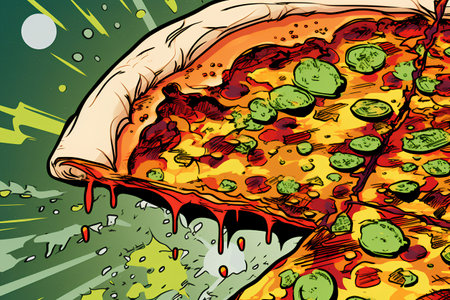 Pizza slice. Vector illustration of a slice of pizza on a green background.の素材