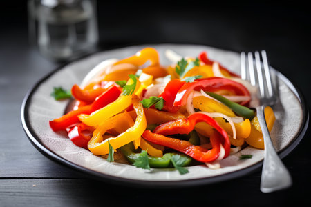 Colorful bell pepper salad on black wooden background. Selective focus.の素材