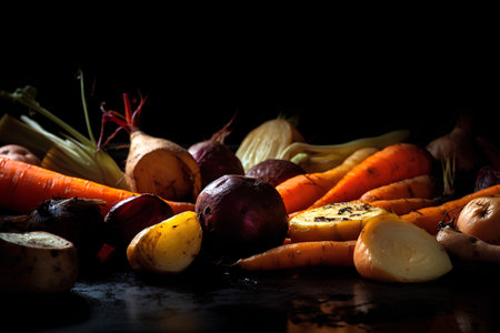 Fresh organic vegetables on a black background. Selective focus. Toned.の素材
