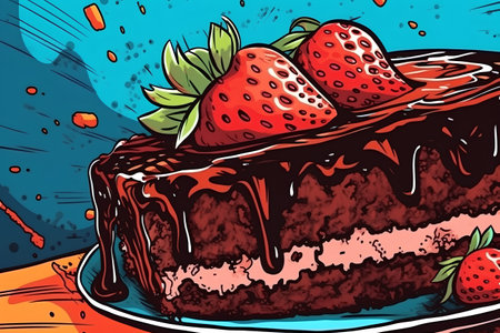 Chocolate cake with strawberry on a colorful background. Vector illustration.の素材