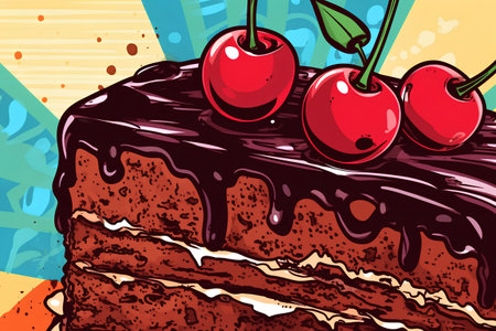 Chocolate cake with cherries. Vector illustration of a piece of cake.の素材
