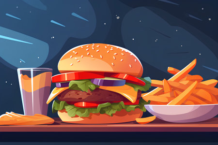 Hamburger and french fries on wooden board. Vector illustration in flat styleの素材