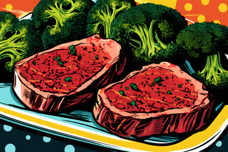 Steak with broccoli. Vector illustration in pop art retro comic style.の素材