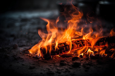 Burning coals in a campfire. Selective focus.の素材
