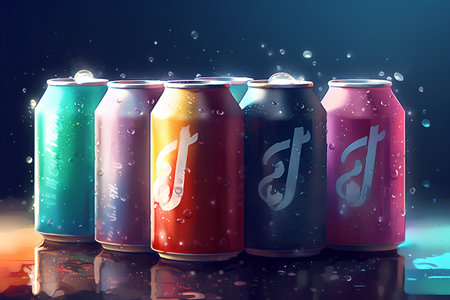 Aluminum cans with water drops on dark background. 3d renderingの素材