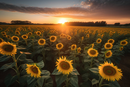 Sunflower field at sunset. Beautiful landscape with sunflowers.の素材