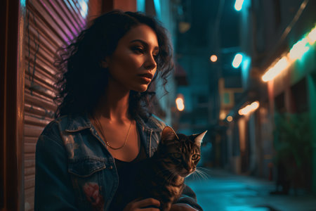 Beautiful young woman with a cat in the city at night.の素材