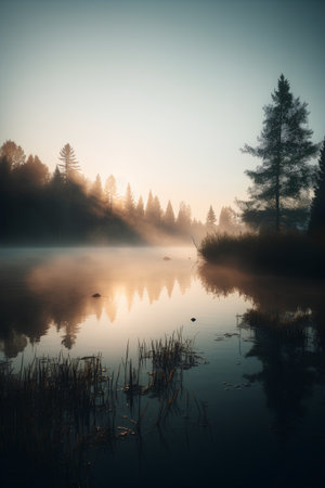 Morning fog over a lake with trees in the foreground and a reflection in the waterの素材