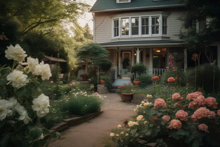 Beautiful cozy garden with blooming flowers in front of the houseの素材