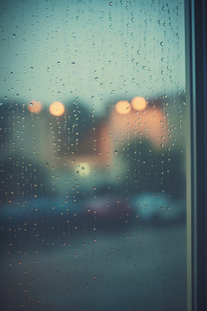 rain drops on the window with city lights blurred background - vintage filterの素材
