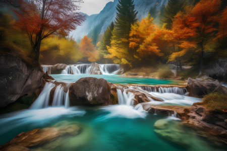Beautiful waterfall in autumn forest. Waterfall in the mountains.の素材