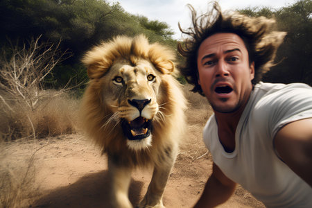 Man with lion on safari in Africa. Man with lion.の素材