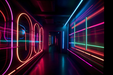 Futuristic corridor with colorful neon lights. 3D Renderingの素材