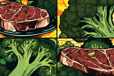 Set of seamless backgrounds with steaks and broccoli. Vector illustration.の素材