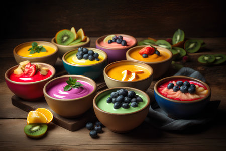 Colorful fruit dessert in bowls on wooden background. Selective focus.の素材