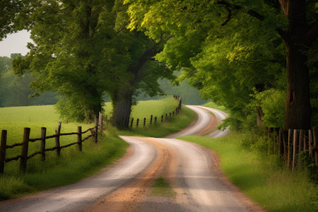 Country road through a green meadow and trees in the background.の素材