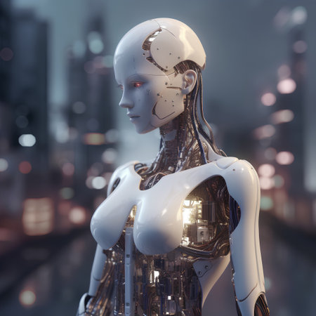 3d rendering of a female robot in front of a city backgroundの素材