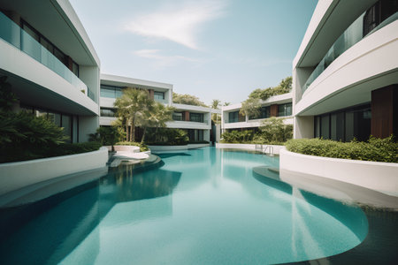 Swimming pool in modern luxury villa with blue sky background.の素材