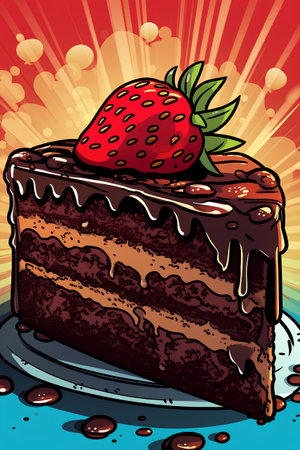 Illustration of a chocolate cake with strawberry on a colorful background.の素材