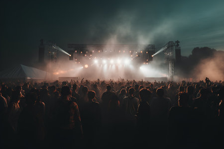 Crowd of people at a concert in front of a stage and lightsの素材