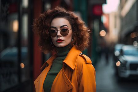 Portrait of a beautiful young woman with curly hair wearing sunglasses and a yellow coat.の素材