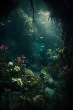 Underwater view of coral reef with fish and seaweed. Underwater world.の素材