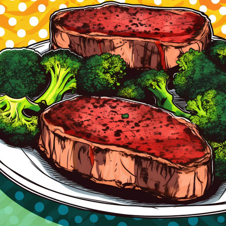 Steak with broccoli on a plate. Vector illustration in retro style.の素材