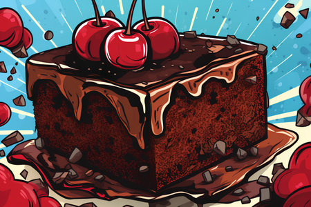Chocolate cake with cherries. Vector illustration in cartoon style.の素材