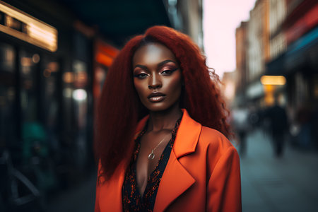 Fashionable african american woman with red hair wearing orange coat.の素材