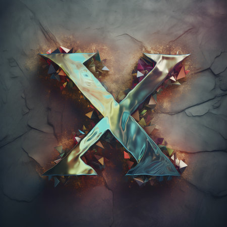 Metal letter X on cracked concrete background. 3d render illustration.の素材