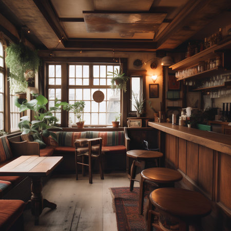 Interior of a vintage bar with tables, chairs, and plantsの素材