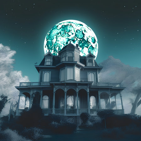 Halloween night landscape with haunted house and full moon. 3D renderingの素材