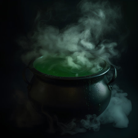 Witch's cauldron with green potion and smoke on black backgroundの素材