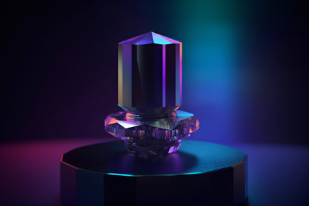 3D rendering of a crystal on a pedestal in a dark roomの素材
