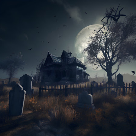 Halloween background with haunted house and full moon. 3d renderの素材
