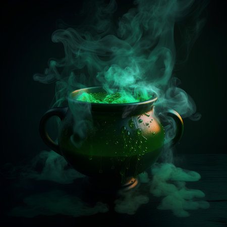 Green potion in a green cauldron on a dark background with smokeの素材