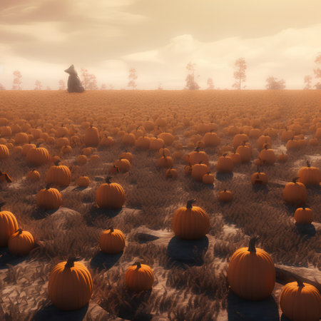 Pumpkin field with a scarecrow in the background, 3d renderの素材