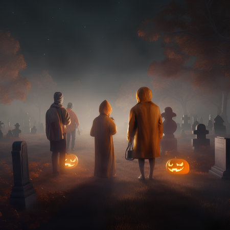 Halloween scene with zombies in cemetery, 3D render illustration.の素材